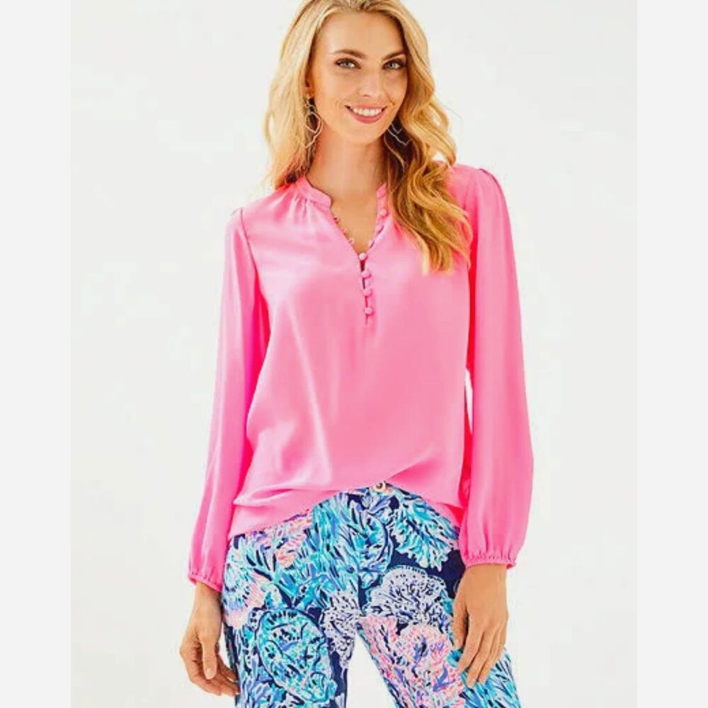 Lilly Pulitzer Pink Long-Sleeve Button-Trim Blouse Silk